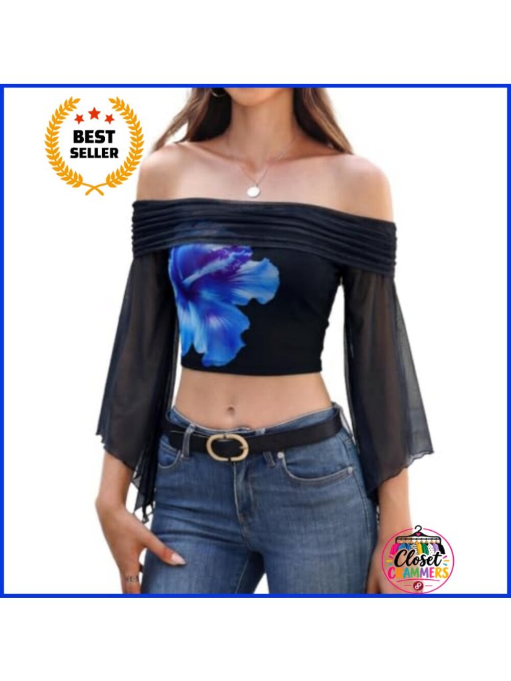 Off Shoulder Floral Mesh Crop Top Bell Sleeve Y2K Going Out Blouse